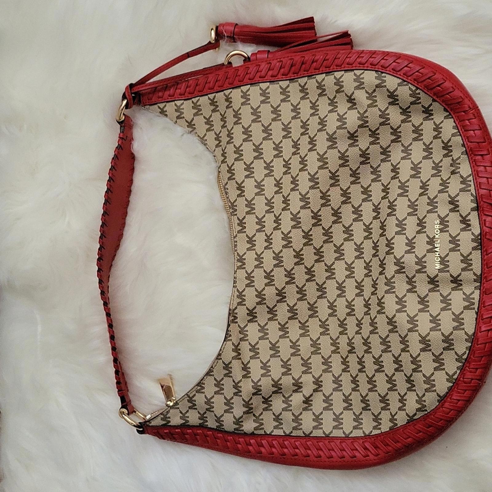 Michael Kors Lauren Red Leather With Coated Brown Mk Canvas